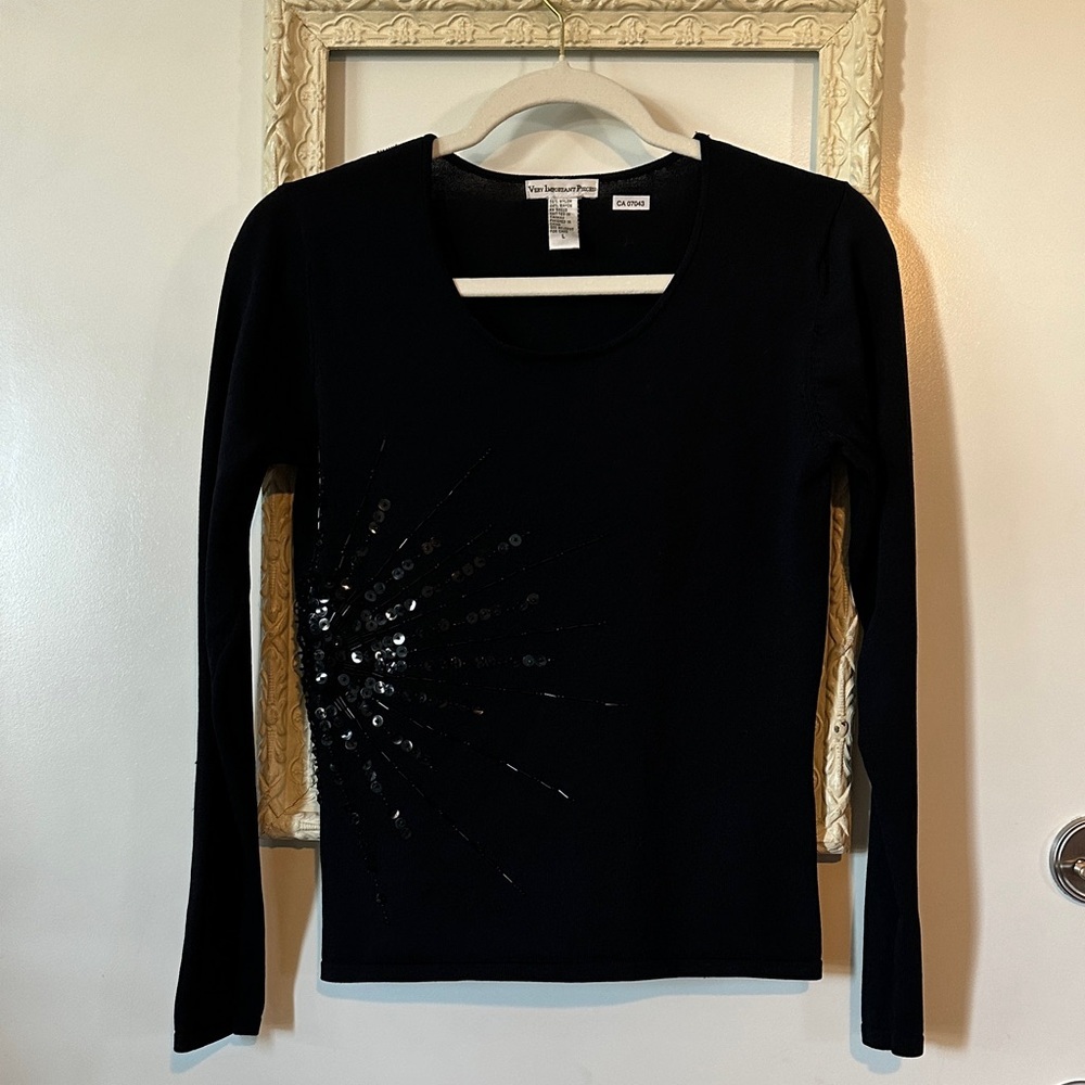 VERY IMPORTANT PIECES | Vintage Elegant Black Sequin Long Sleeve Top